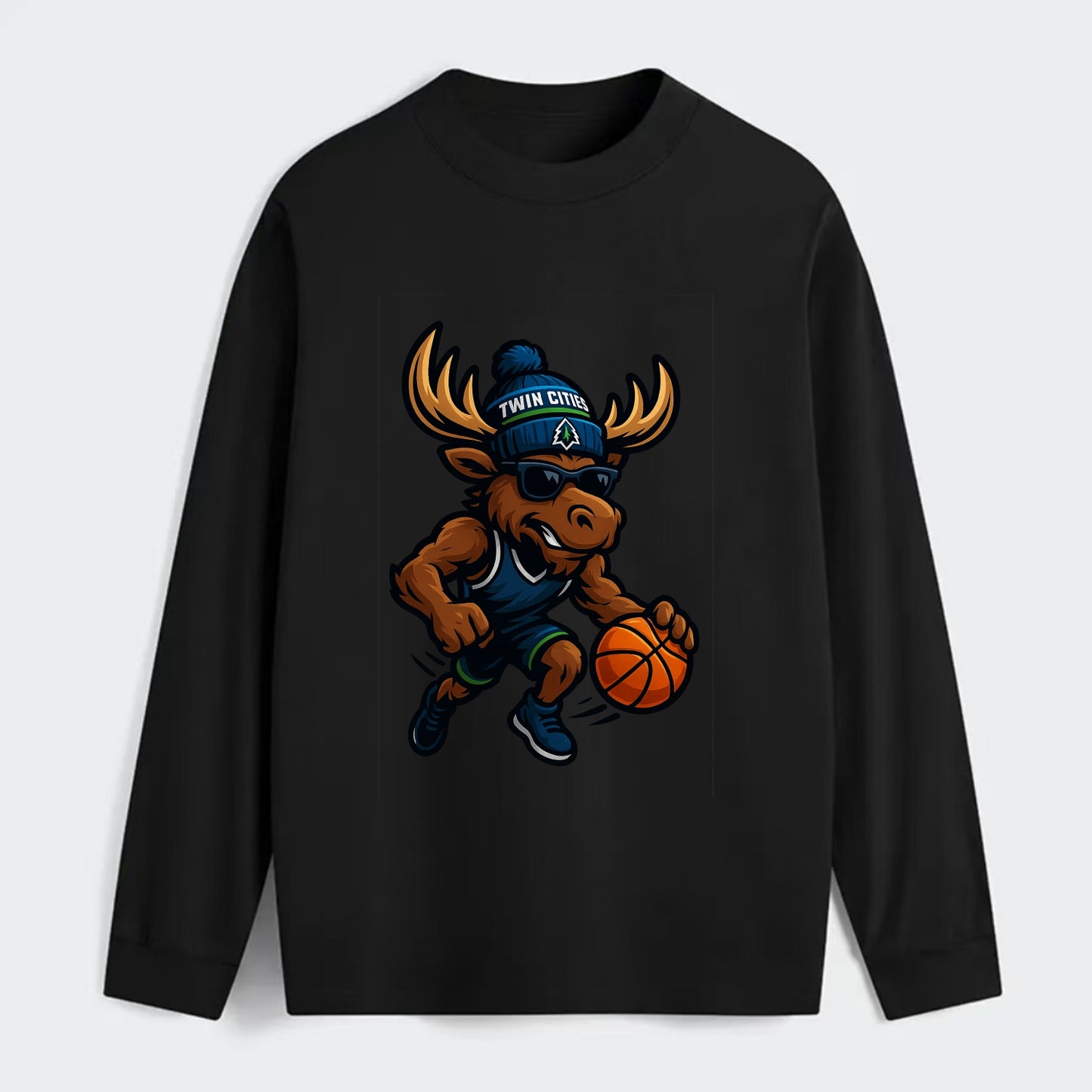 Twin Cities Moose wearing Timberwolves beanie with pine tree patch and - Classic Long Sleeve Shirt - Black