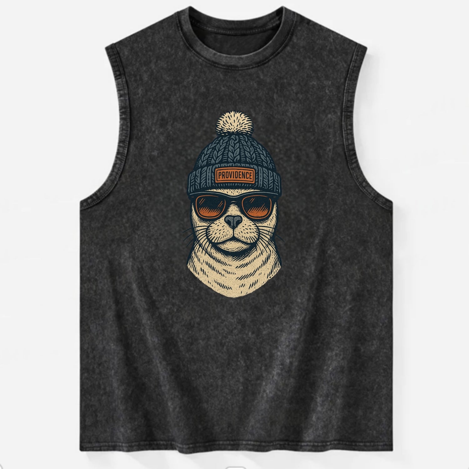 Rhode Island Harbor Seal wearing Providence beanie with pom pom and wayfarer - Vintage Washed Tank - Black
