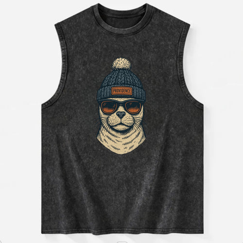 Rhode Island Harbor Seal wearing Providence beanie with pom pom and wayfarer - Vintage Washed Tank