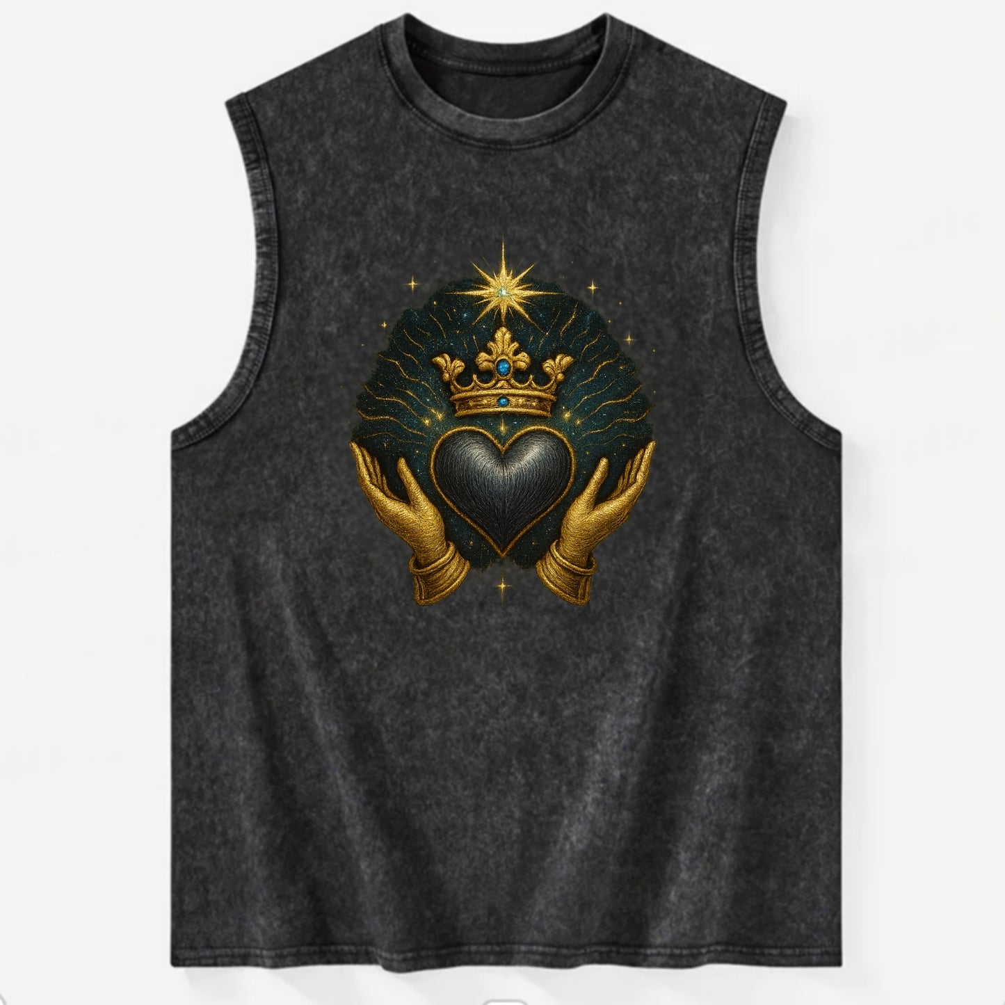 Pearl-studded tiara atop a satin-gunmetal heart supported by elegant - Vintage Washed Tank - Black