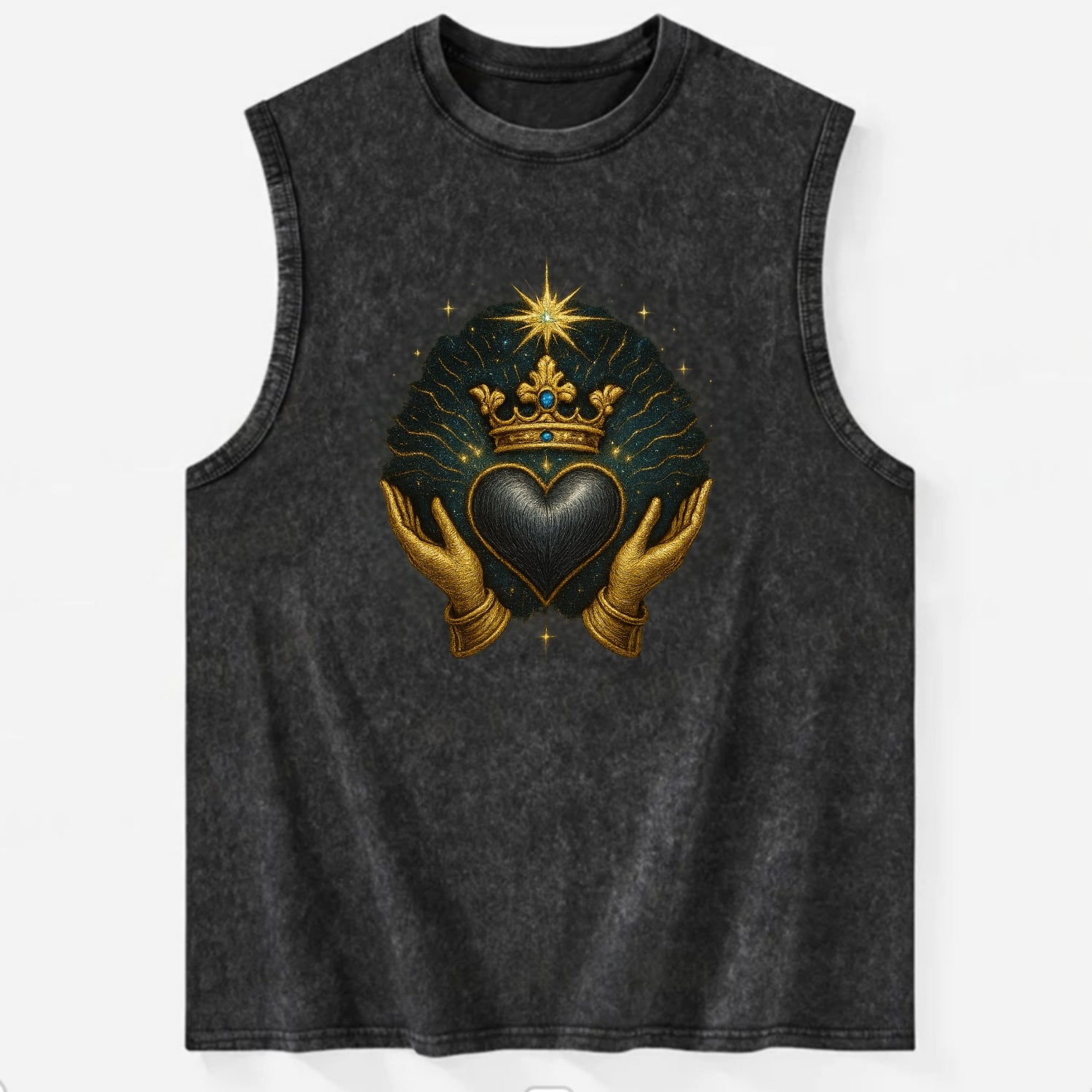 Pearl-studded tiara atop a satin-gunmetal heart supported by elegant - Vintage Washed Tank - Black
