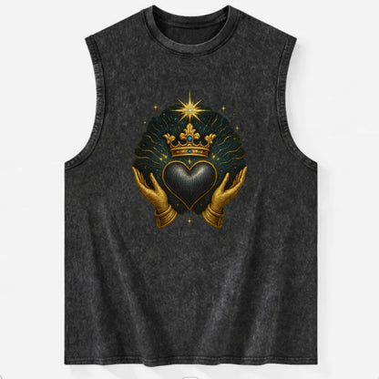 Pearl-studded tiara atop a satin-gunmetal heart supported by elegant - Vintage Washed Tank - Black
