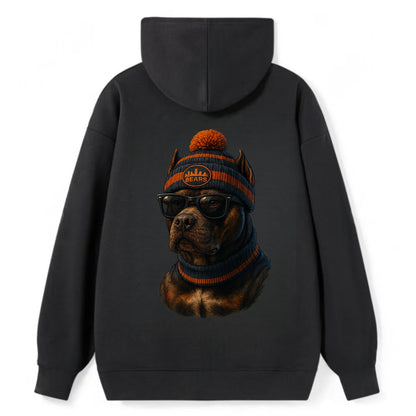 Chicago Pitbull wearing Bears beanie with skyline patch and wayfarer - Classic Pullover Hoodie - Black