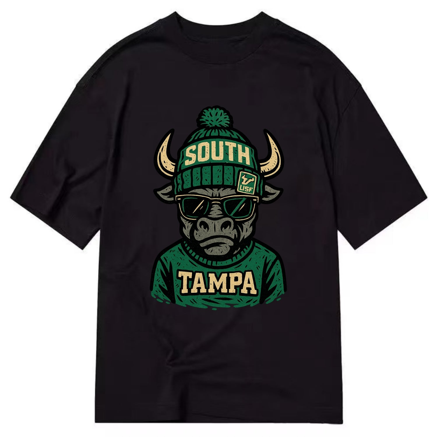 Tampa Bull wearing South Florida beanie with USF patch - Classic T-shirt - Black