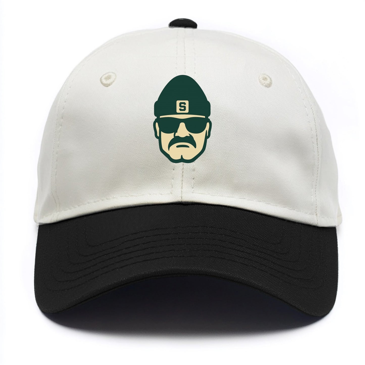 East Lansing Spartan wearing Michigan State beanie with S patch - Two Tone Cap - Black
