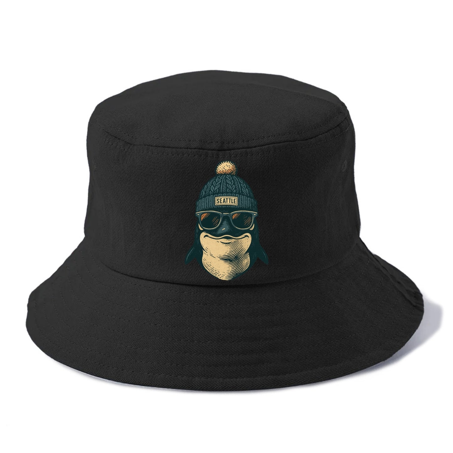 Washington Orca wearing Seattle beanie with pom pom and wayfarer sunglasses - Bucket Hat - Black