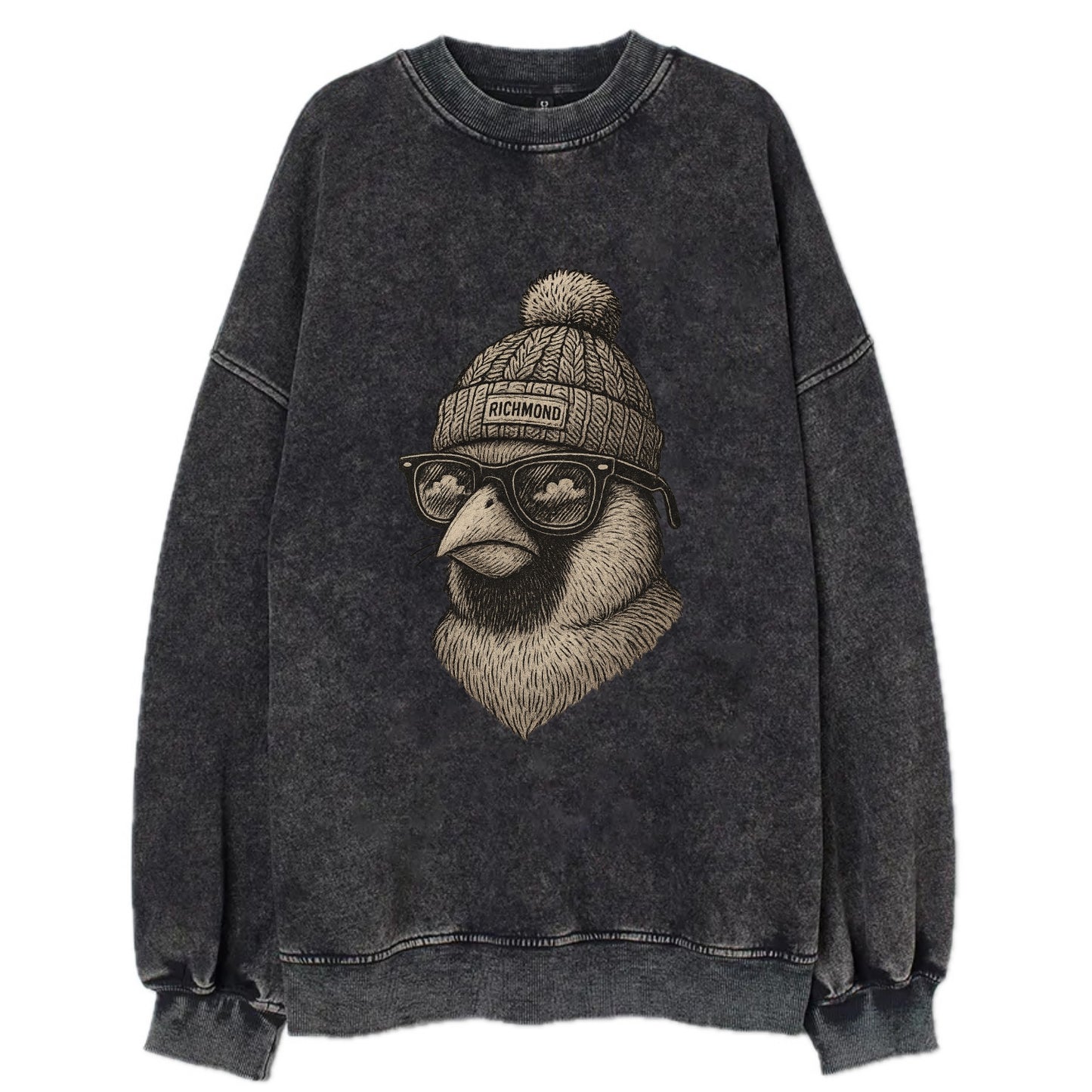 Virginia Cardinal wearing Richmond beanie with pom pom and wayfarer sunglasses - Vintage Sweatshirt - Black
