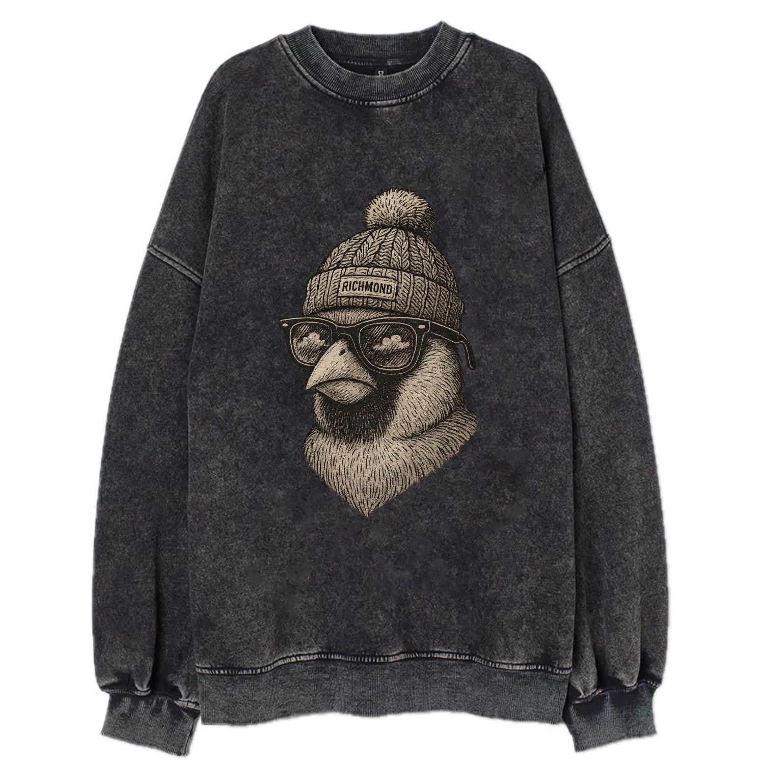 Virginia Cardinal wearing Richmond beanie with pom pom and wayfarer sunglasses - Vintage Sweatshirt - Black