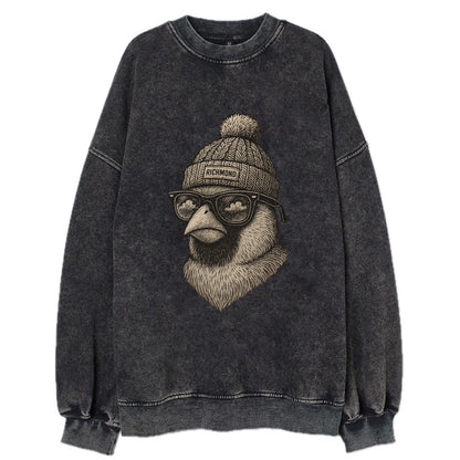 Virginia Cardinal wearing Richmond beanie with pom pom and wayfarer sunglasses - Vintage Sweatshirt - Black