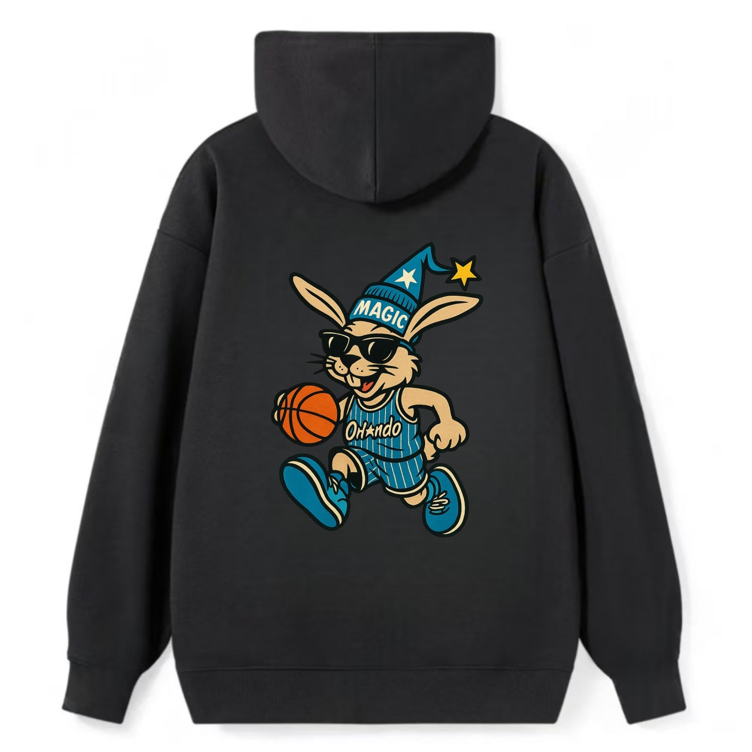 Orlando Rabbit wearing Magic blue and silver beanie with wizard hat and - Classic Pullover Hoodie - Black