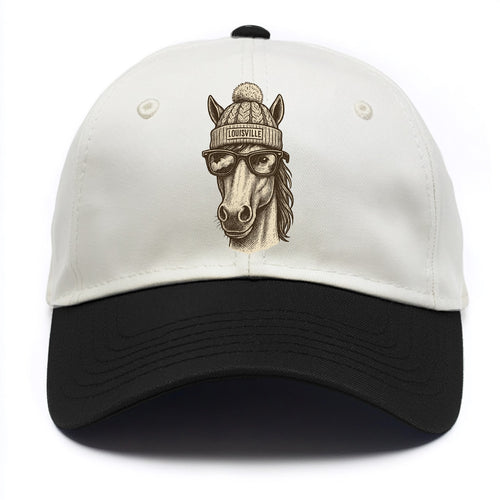 Kentucky Thoroughbred Horse wearing Louisville beanie with pom pom and wayfarer - Two Tone Cap