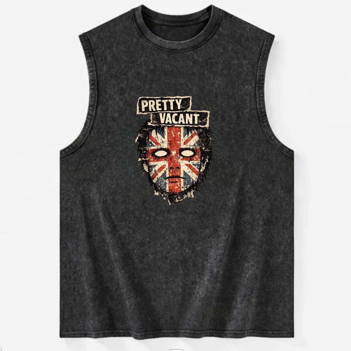 PRETTY VACANT | Blank stare Union Jack face | Empty expression | Punk - Vintage Washed Tank - Black