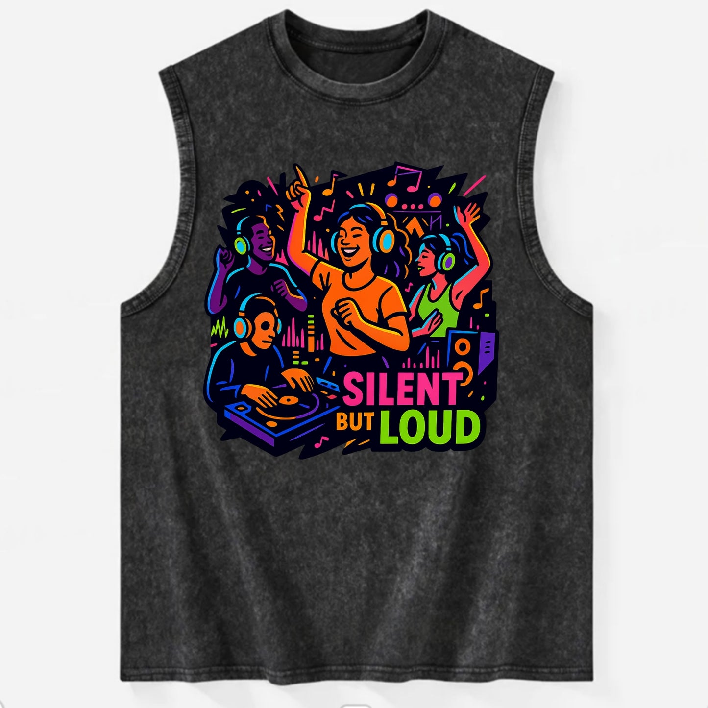 Silent disco dancers with glowing headphones - "Silent But Loud" - unique - Vintage Washed Tank - Black