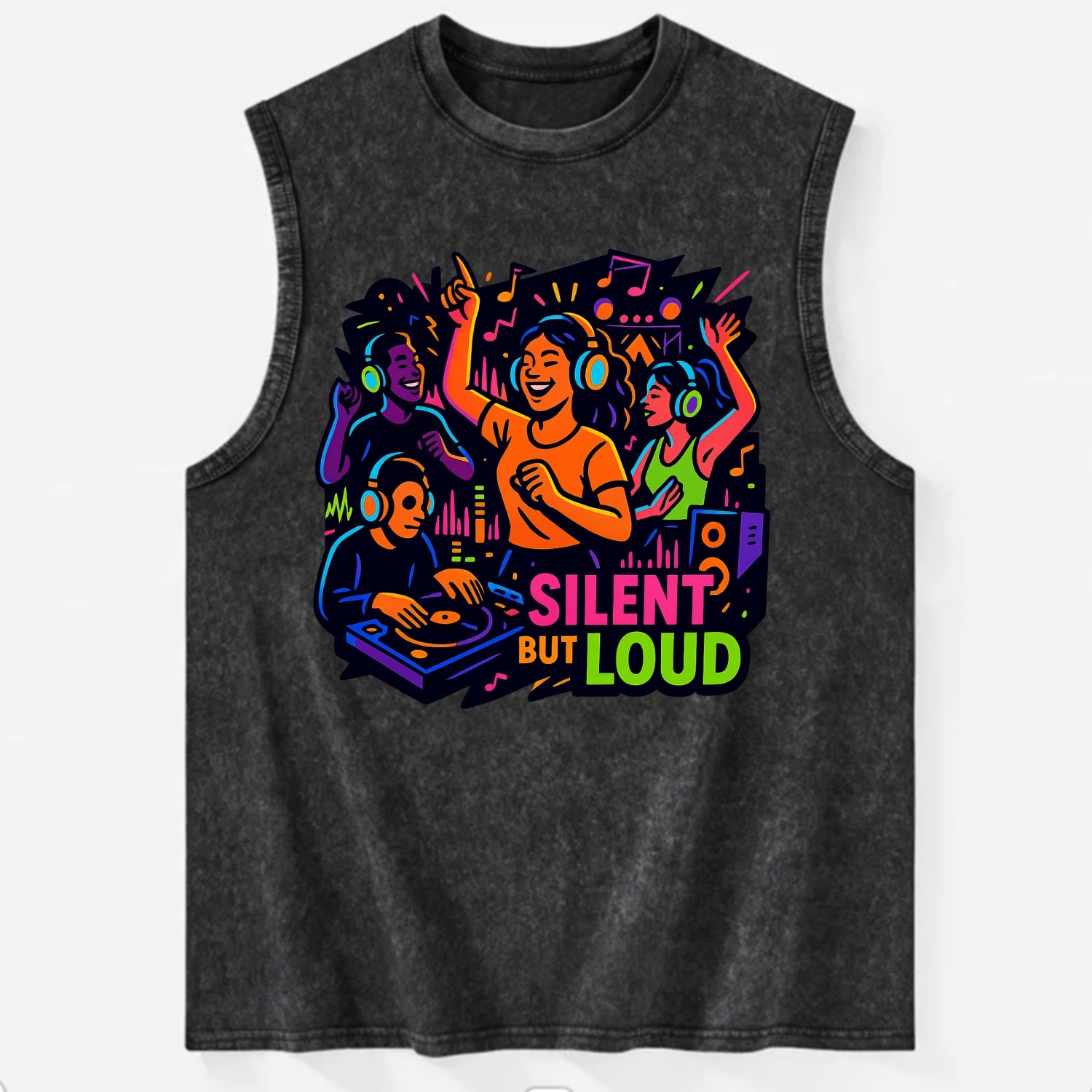 Silent disco dancers with glowing headphones - "Silent But Loud" - unique - Vintage Washed Tank - Black