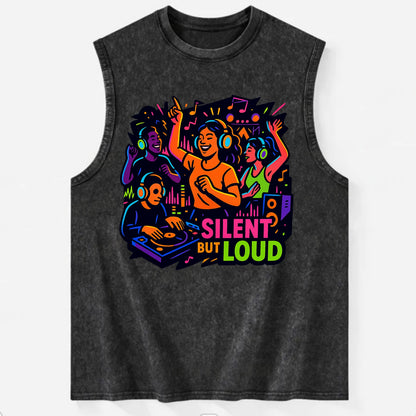 Silent disco dancers with glowing headphones - "Silent But Loud" - unique - Vintage Washed Tank - Black