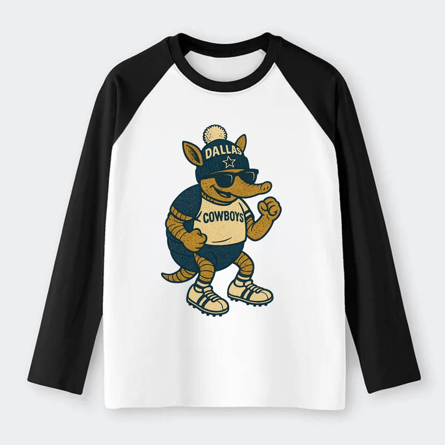 Dallas Armadillo wearing Cowboys beanie with lone star patch and - Raglan Long Sleeve T-Shirt - Black