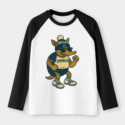 Dallas Armadillo wearing Cowboys beanie with lone star patch and - Raglan Long Sleeve T-Shirt - Black
