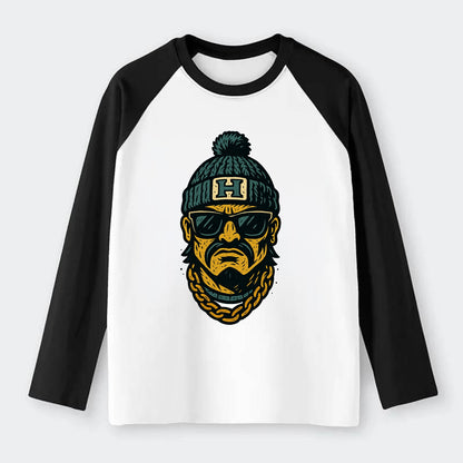 Honolulu Warrior wearing Hawaii beanie with H patch - Raglan Long Sleeve T-Shirt - Black