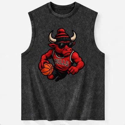 Chicago Bull wearing Bulls red and black beanie with horns design and - Vintage Washed Tank - Black
