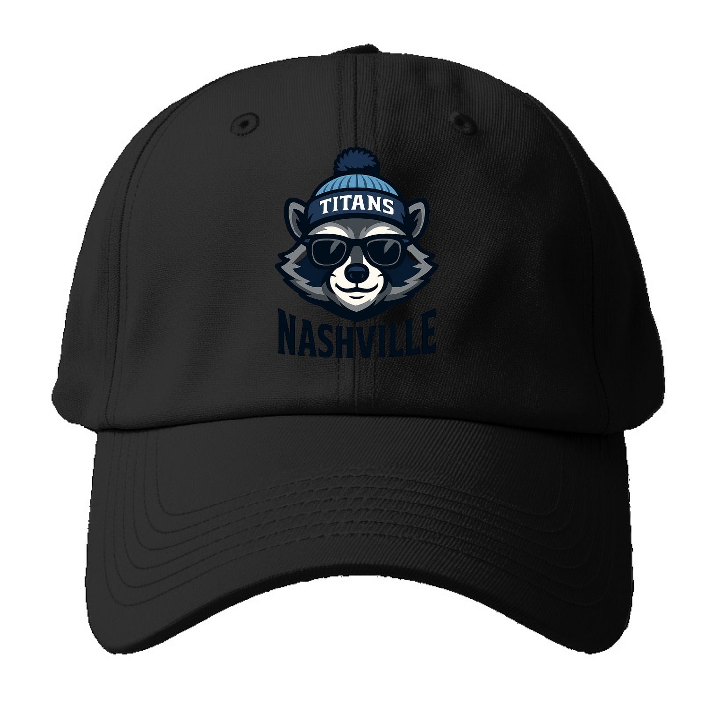 Nashville Raccoon wearing Titans navy and light blue beanie with pom pom and - Baseball Cap - Black