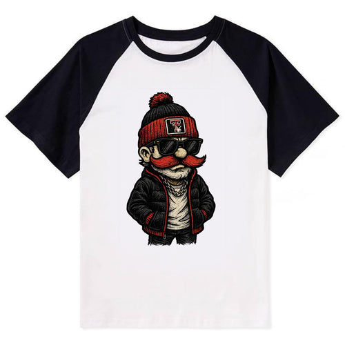 Lubbock Raider wearing Texas Tech beanie with guns up patch - Contrast Raglan T-shirt