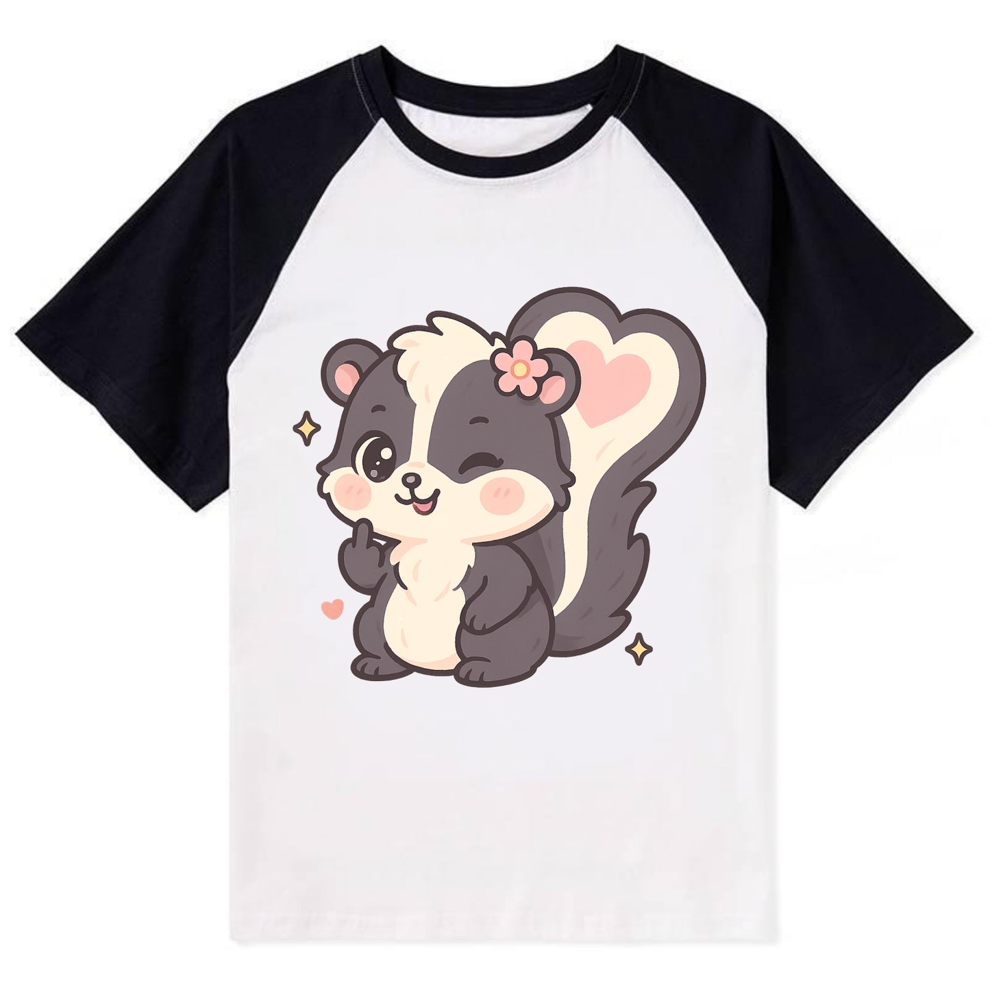 fluffy skunk with heart-shaped tail pattern, one paw up showing sass - Contrast Raglan T-shirt - Black