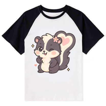 fluffy skunk with heart-shaped tail pattern, one paw up showing sass - Contrast Raglan T-shirt - Black