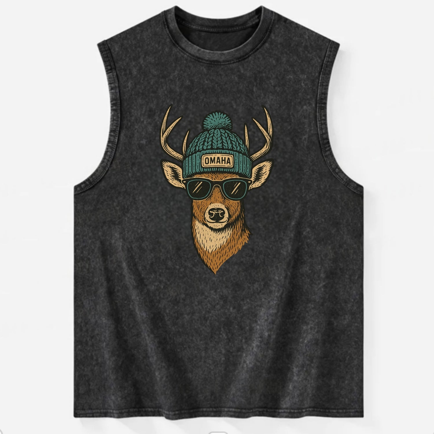 Nebraska White-tailed Deer wearing Omaha beanie with pom pom and wayfarer - Vintage Washed Tank - Black