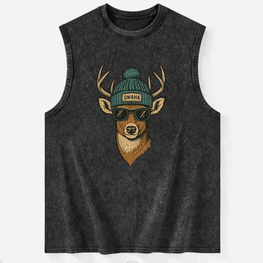 Nebraska White-tailed Deer wearing Omaha beanie with pom pom and wayfarer - Vintage Washed Tank - Black