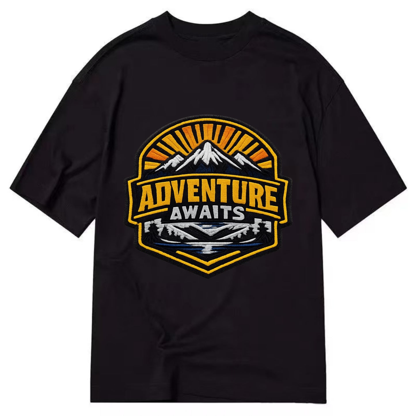 ADVENTURE AWAITS - mountain sunrise with text in gold and blue , wanderlust - Classic T-shirt - Black