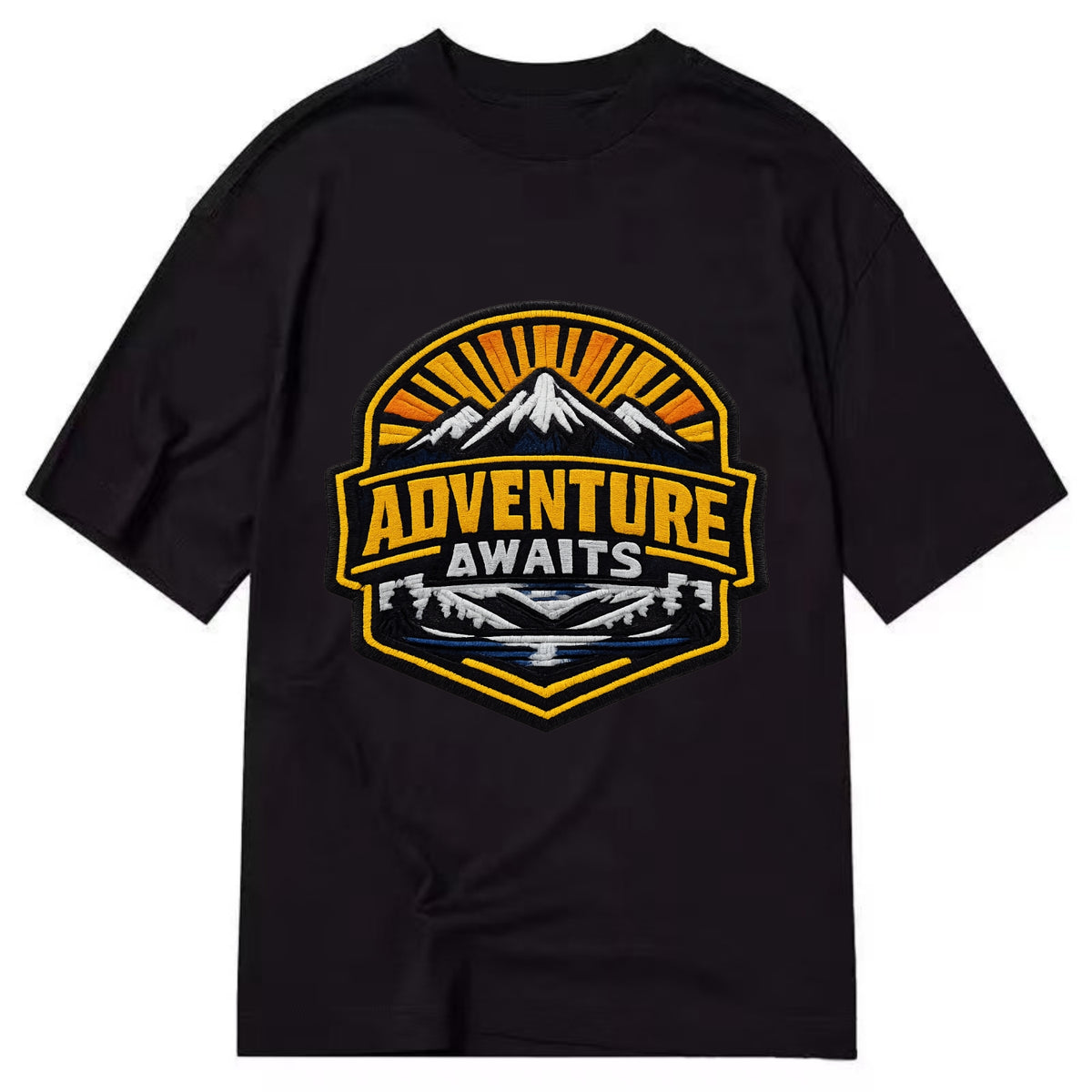 ADVENTURE AWAITS - mountain sunrise with text in gold and blue , wanderlust - Classic T-shirt - Black