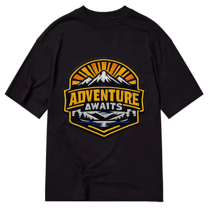 ADVENTURE AWAITS - mountain sunrise with text in gold and blue , wanderlust - Classic T-shirt - Black