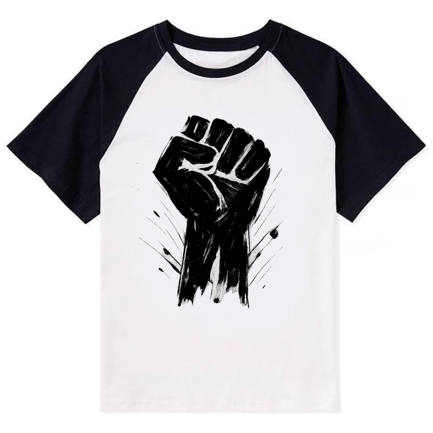 Raised fist in bold black ink brushstrokes - symbol of solidarity and - Contrast Raglan T-shirt - Black