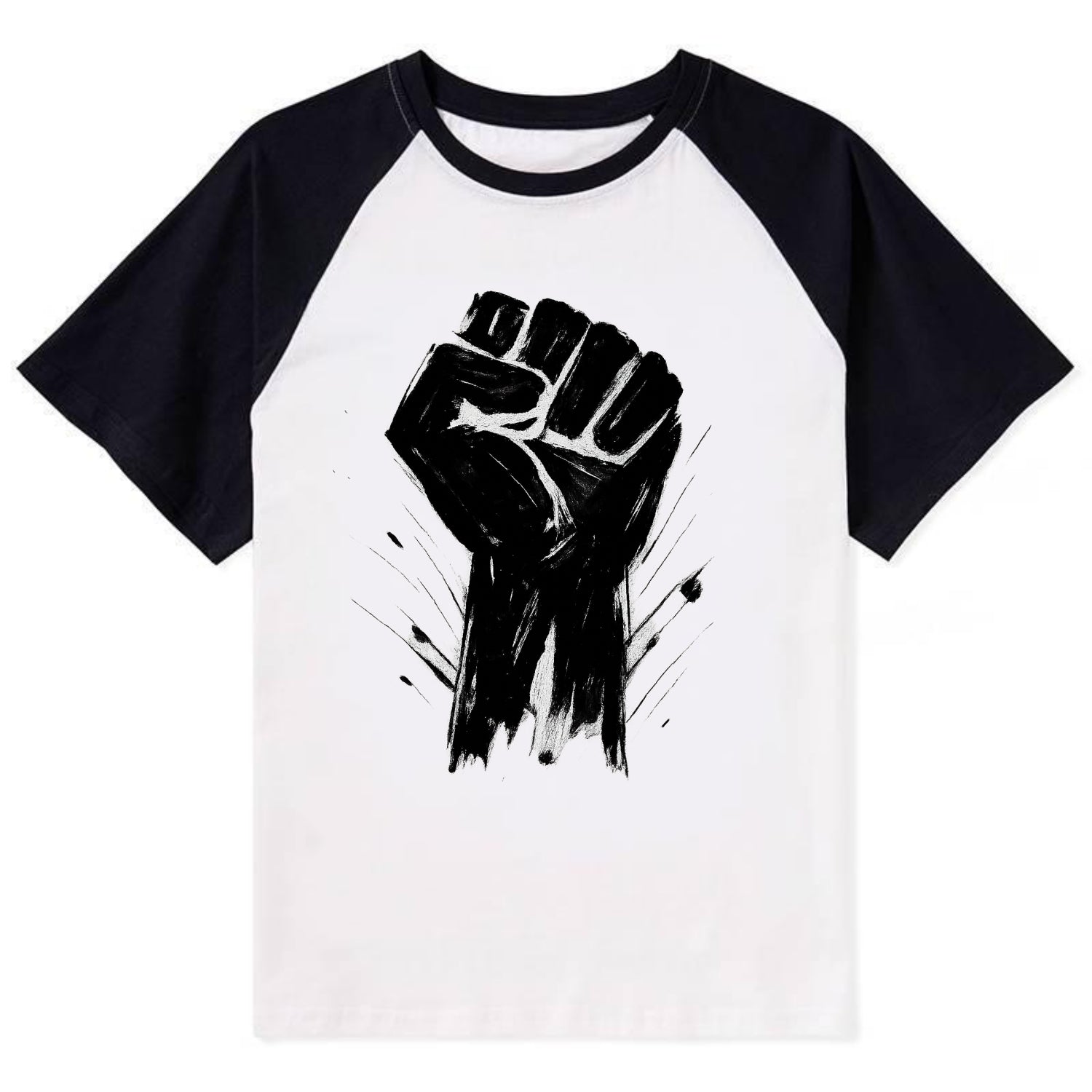 Raised fist in bold black ink brushstrokes - symbol of solidarity and - Contrast Raglan T-shirt - Black