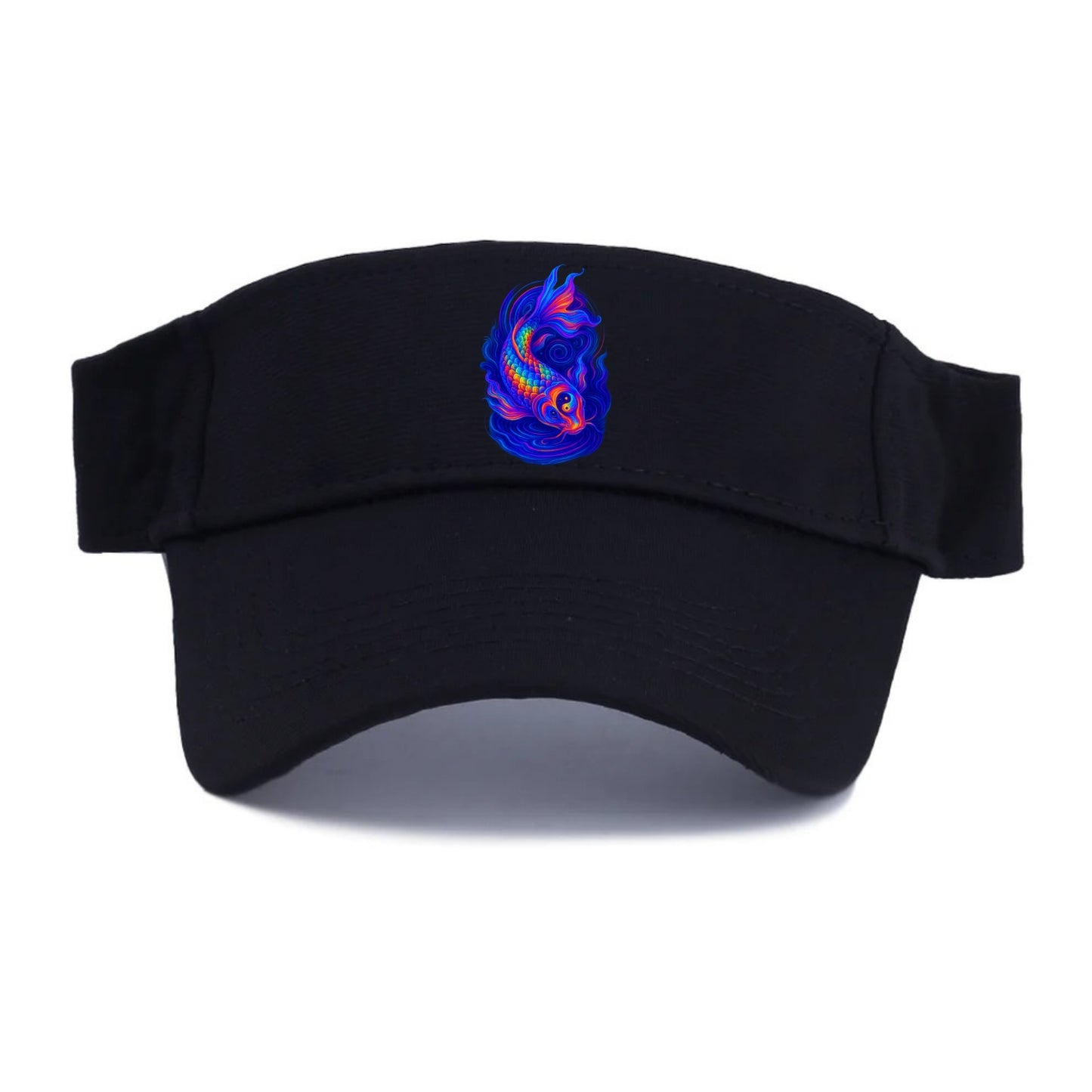 Sacred koi with scales reflecting rainbow prisms, yin-yang patterns in cosmic colors, - Visor - Black
