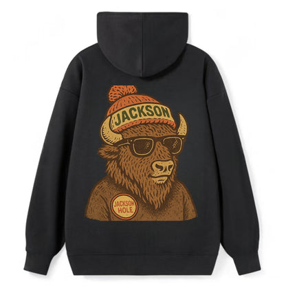 Jackson Hole Bison wearing Jackson beanie with pom pom and wayfarer - Classic Pullover Hoodie - Black