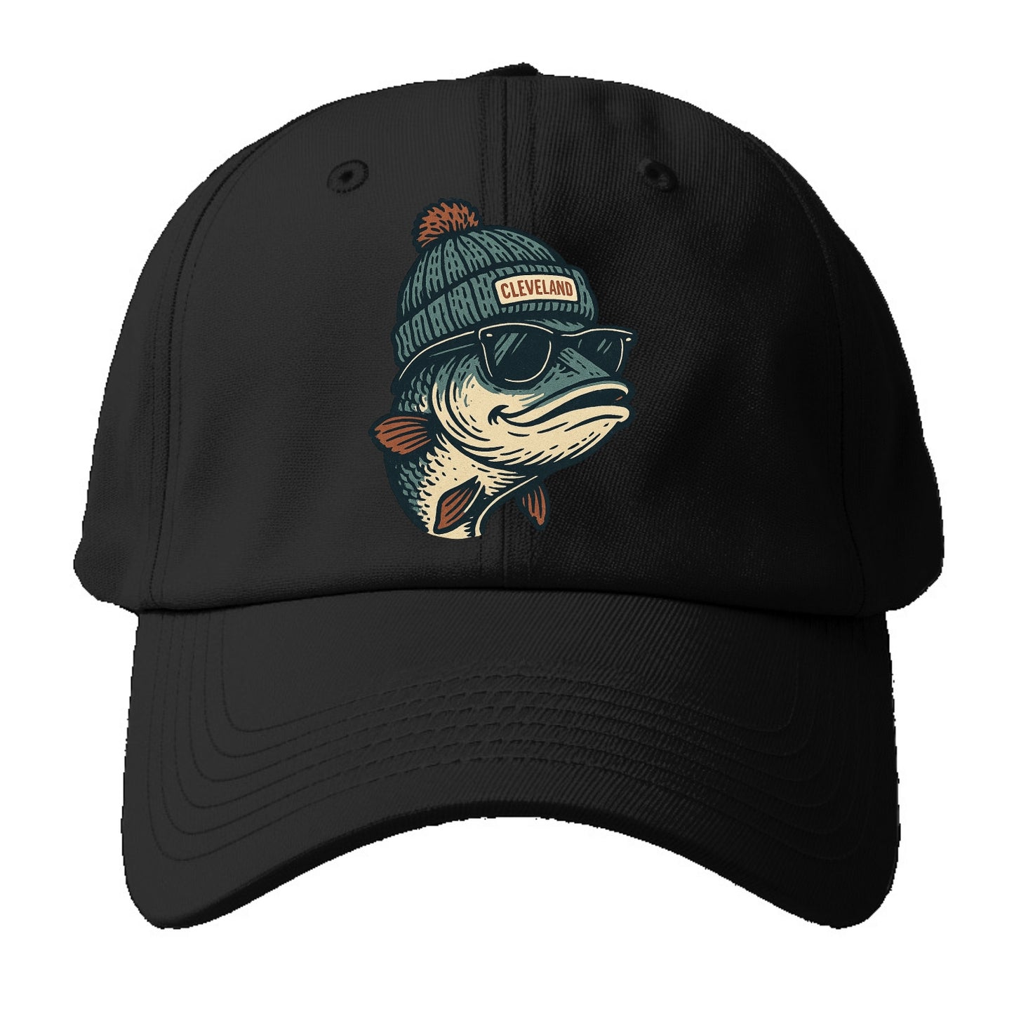 Cleveland Lake Erie Walleye wearing Cleveland beanie with pom pom and wayfarer - Baseball Cap - Black