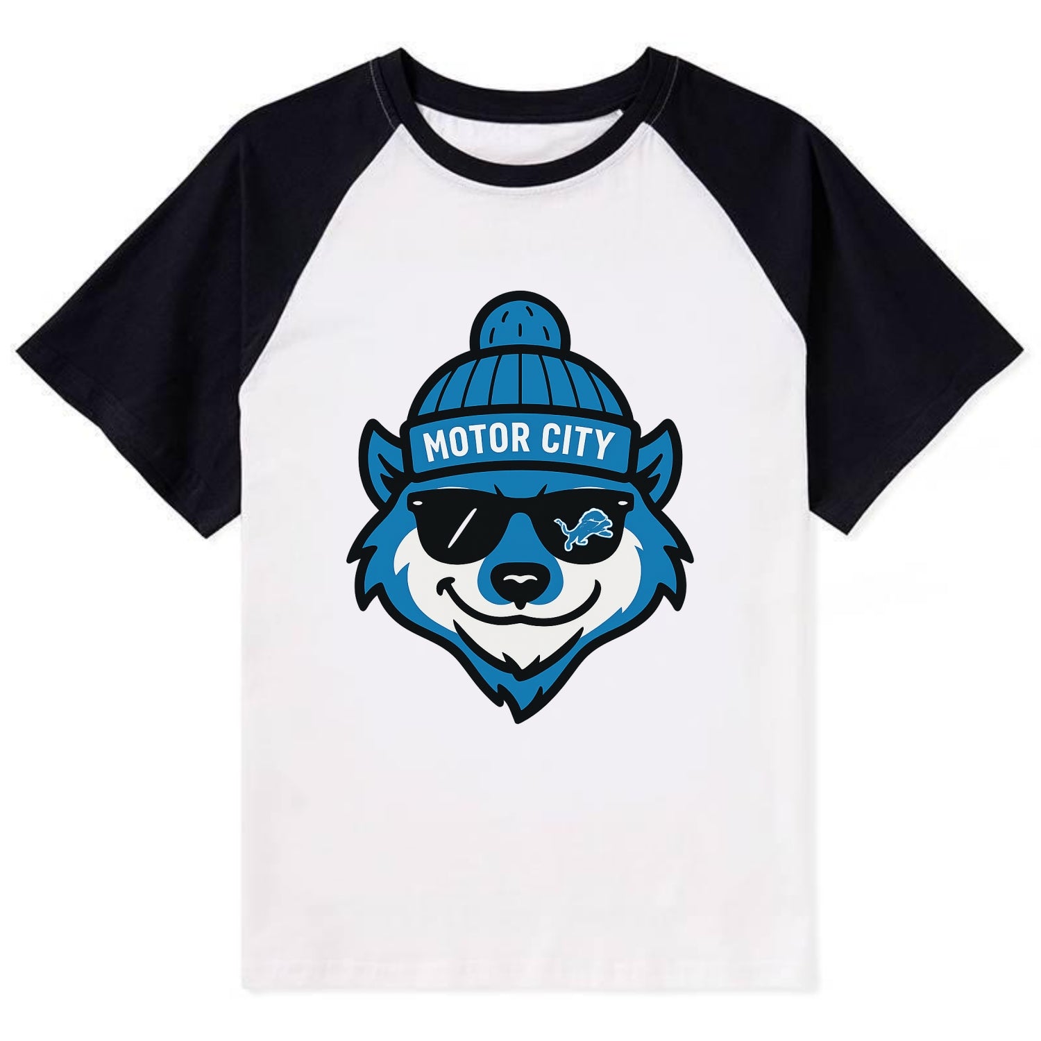 Motor City Wolverine wearing Lions beanie with gear patch and wayfarer - Contrast Raglan T-shirt - Black