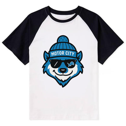 Motor City Wolverine wearing Lions beanie with gear patch and wayfarer - Contrast Raglan T-shirt - Black