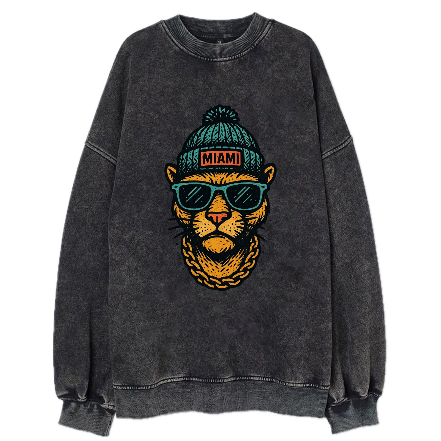 Florida Panther wearing Miami beanie with pom pom and wayfarer sunglasses - Vintage Sweatshirt - Black