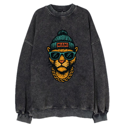 Florida Panther wearing Miami beanie with pom pom and wayfarer sunglasses - Vintage Sweatshirt - Black