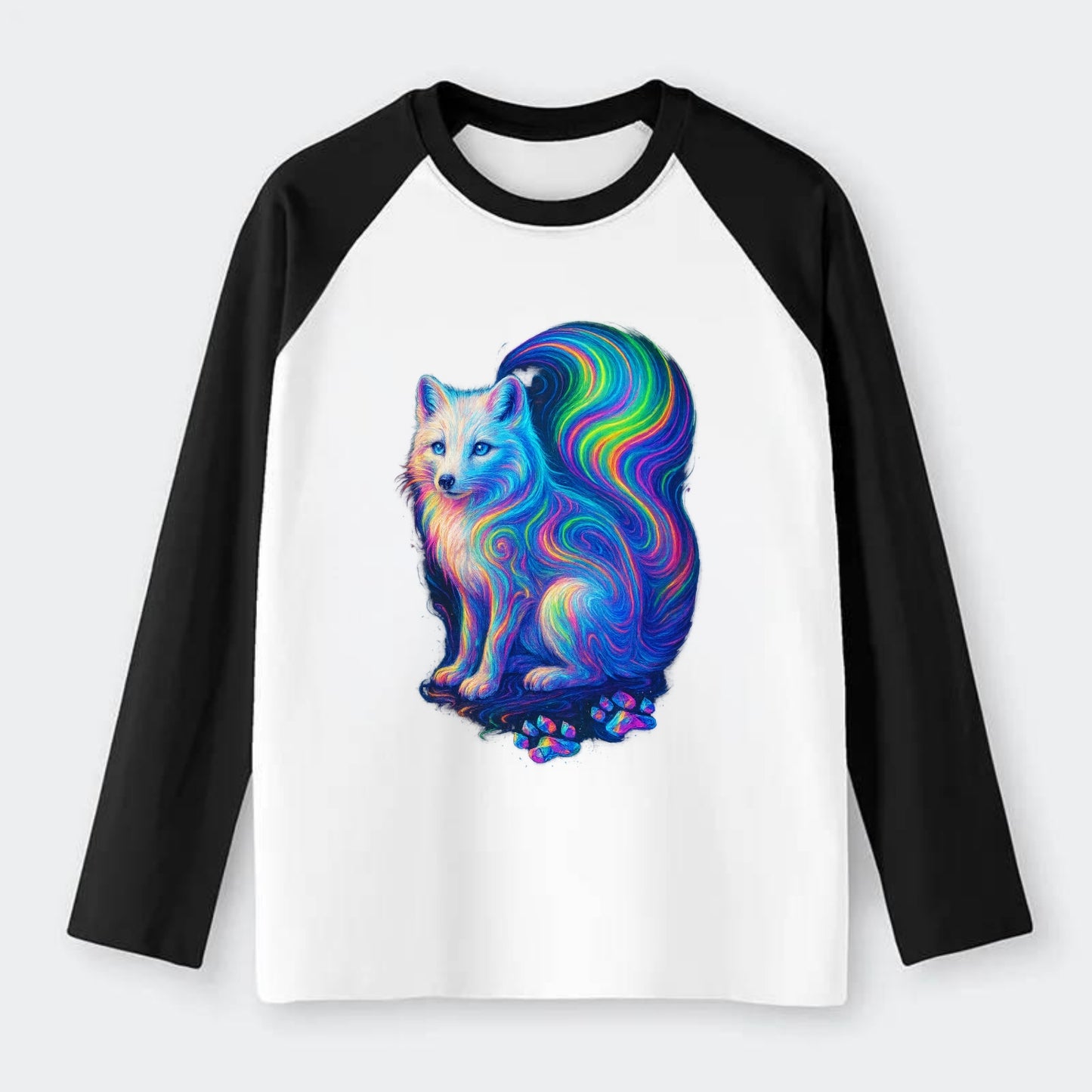 Graceful arctic fox with tail streaming aurora colors, white fur with - Raglan Long Sleeve T-Shirt - Black
