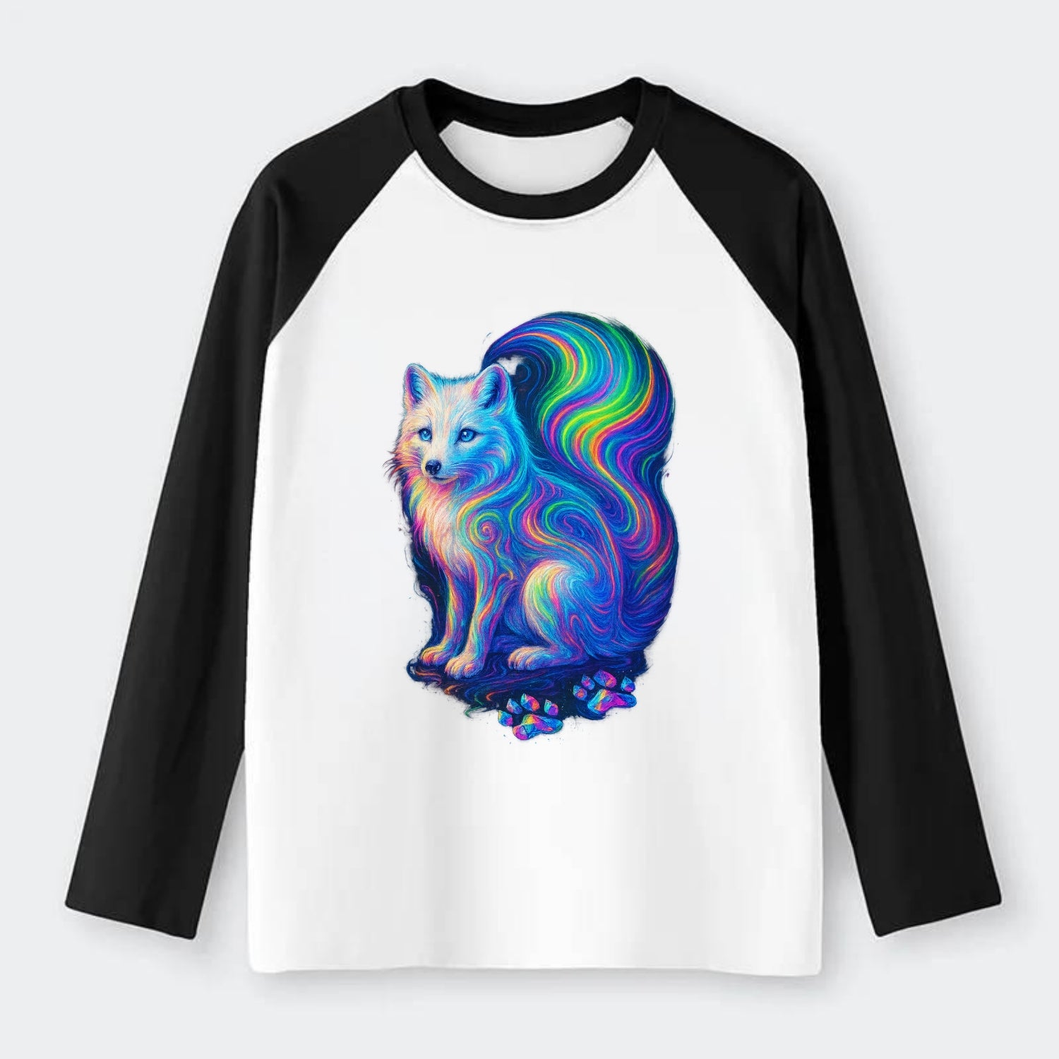 Graceful arctic fox with tail streaming aurora colors, white fur with - Raglan Long Sleeve T-Shirt - Black