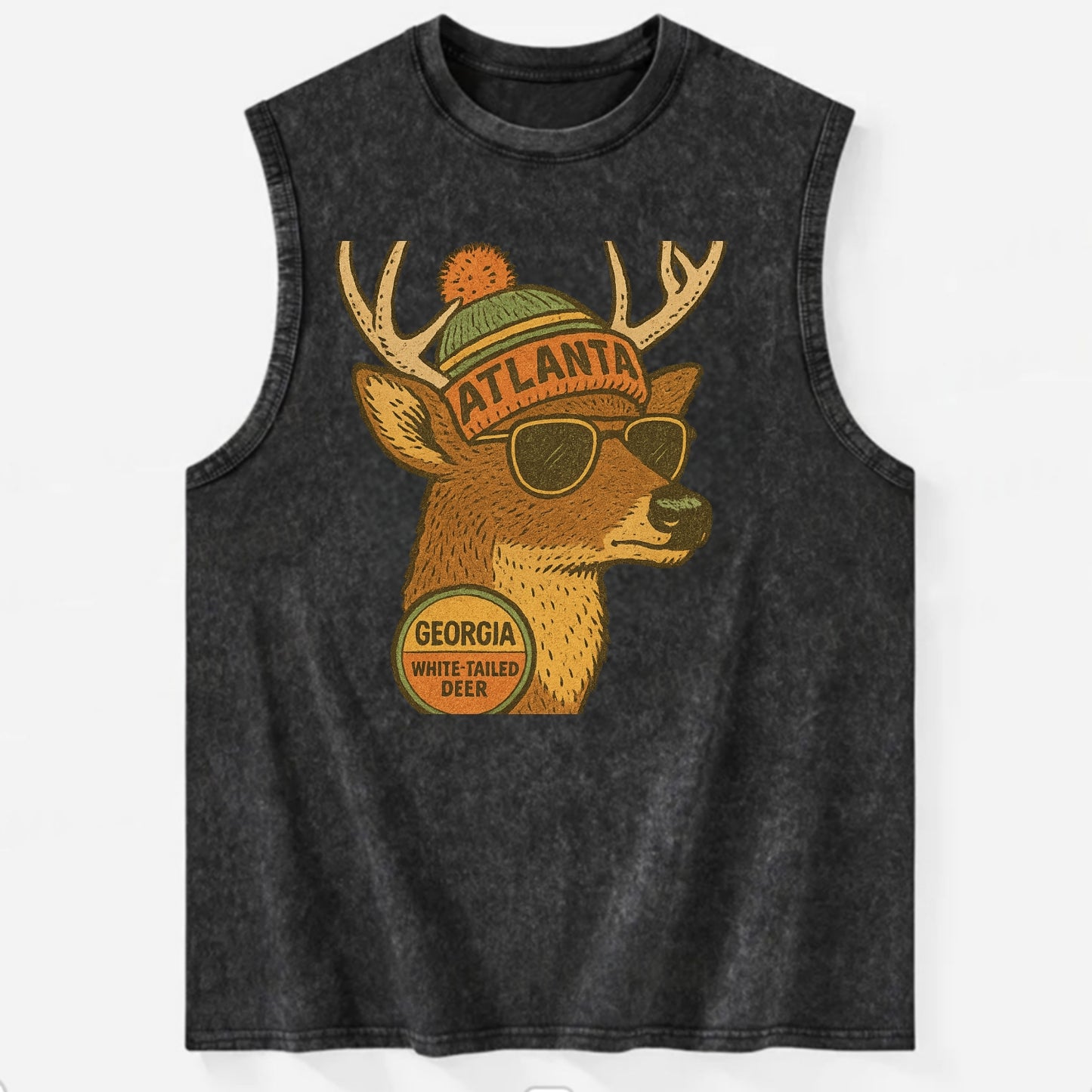 Georgia White-tailed Deer wearing Atlanta beanie with pom pom and wayfarer - Vintage Washed Tank - Black