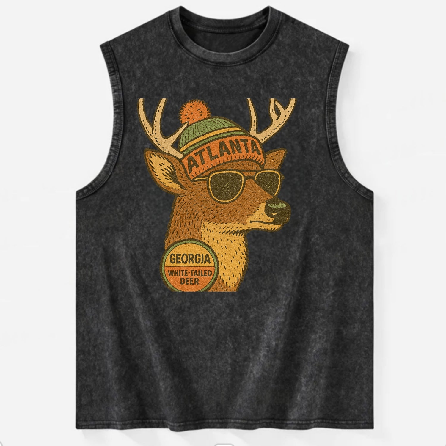 Georgia White-tailed Deer wearing Atlanta beanie with pom pom and wayfarer - Vintage Washed Tank - Black