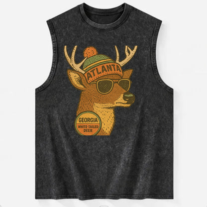 Georgia White-tailed Deer wearing Atlanta beanie with pom pom and wayfarer - Vintage Washed Tank - Black