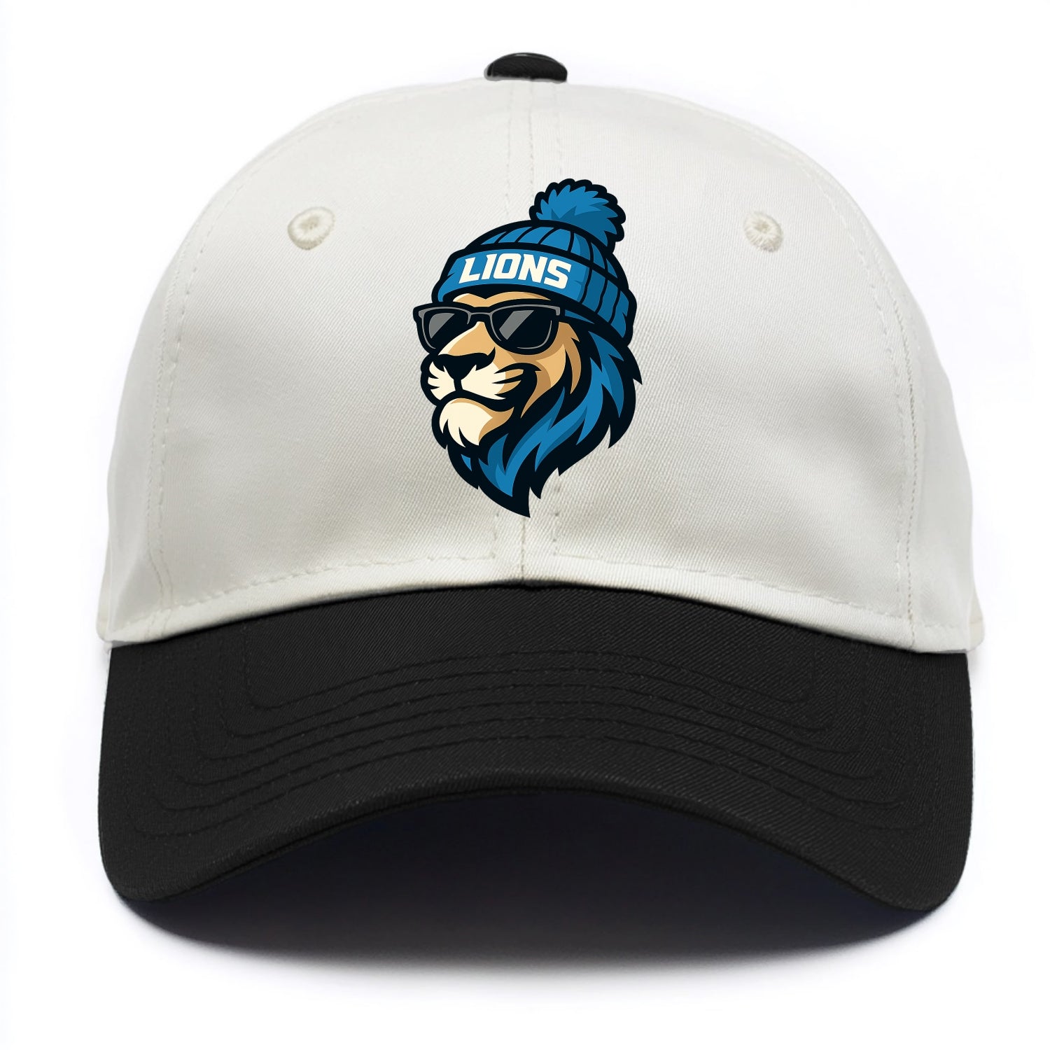 Detroit Lion wearing Lions Honolulu blue and silver beanie with pom pom and wayfarer - Two Tone Cap - Black