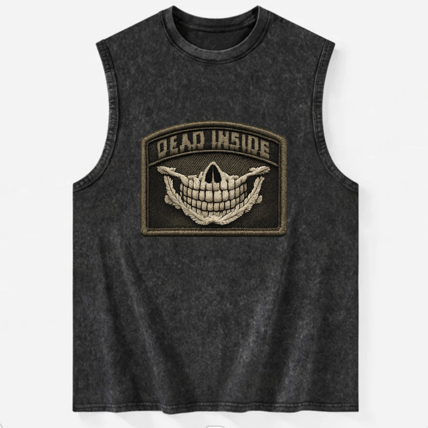 DEAD INSIDE SMILE - skeleton smile in white , dark humor - Vintage Washed Tank - Black