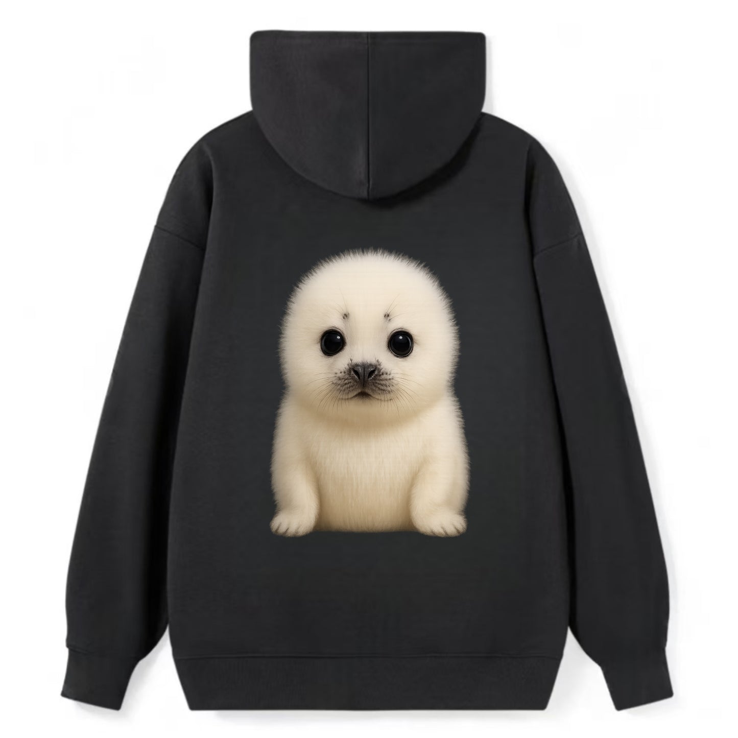 Baby Harp Seal - pure white fluffy fur, enormous dark eyes, front-facing, - Classic Pullover Hoodie - Black