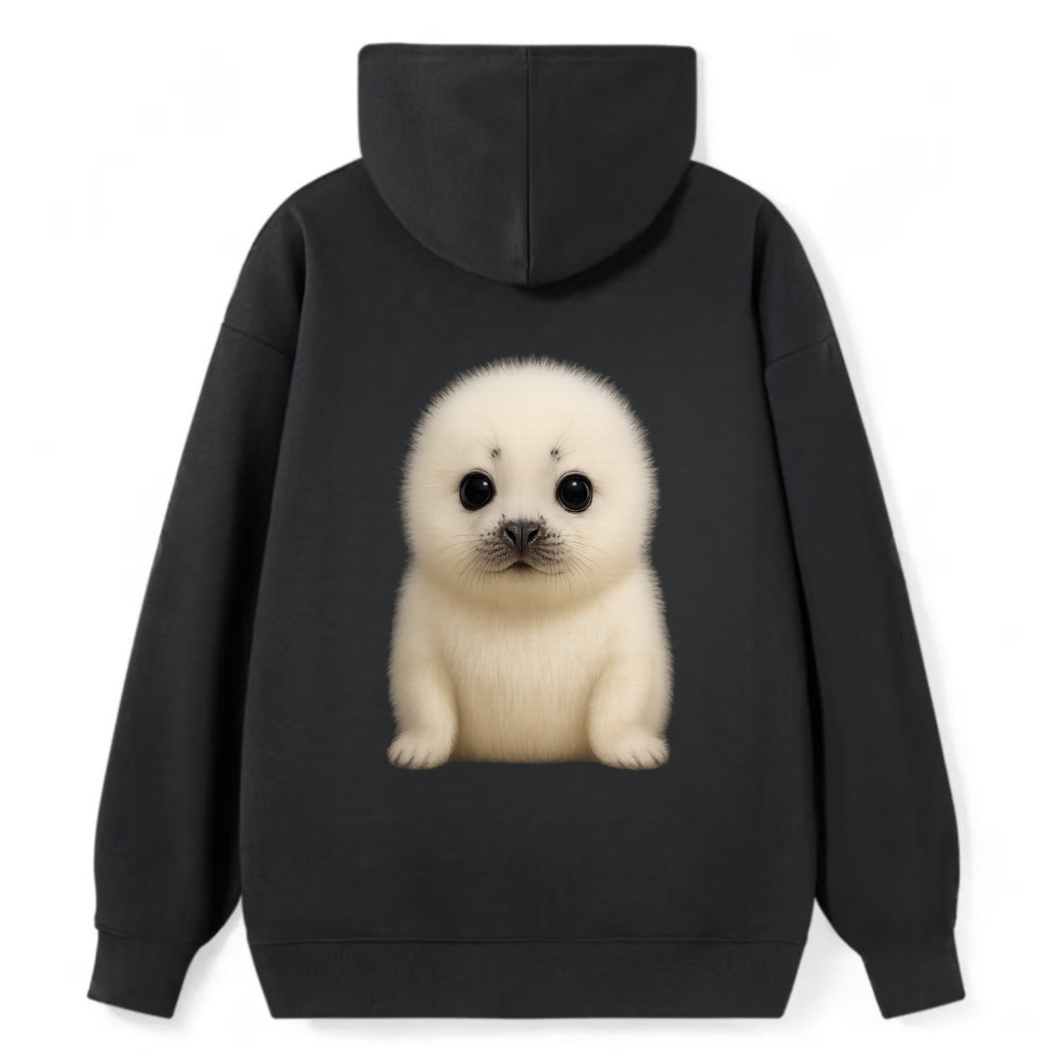 Baby Harp Seal - pure white fluffy fur, enormous dark eyes, front-facing, - Classic Pullover Hoodie - Black